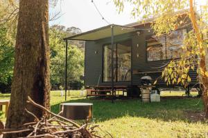 a green tiny house in a yard with a tree at Meadowbrook Tiny House - Stay among the best wineries in Orange in Orange