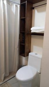 a bathroom with a toilet and a shower curtain at Descanso y diversión a 10 min puet. Anzalduas in Reynosa