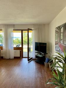 an empty living room with a flat screen tv at StrandGut in Uhldingen-Mühlhofen