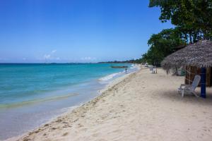 een strand met een strooien parasol en de oceaan bij Barry's Rooms Negril in Negril