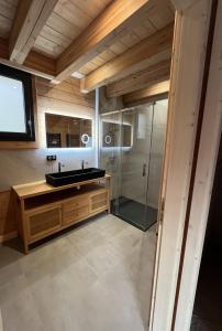 a bathroom with a sink and a glass shower at La Biche in Saint-Martin-sur-le-Chambre