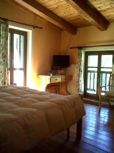 1 dormitorio con 1 cama, TV y ventanas en Hotel Residence Lago Laux, en Fenestrelle