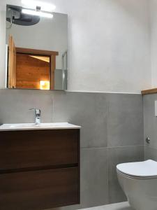 un bagno con un water, un lavandino e uno specchio di Cozy Apartment close to the ski slopes a Courmayeur