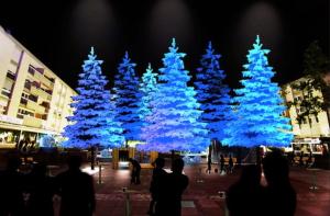 a group of blue christmas trees are lit up at Le Gîte de Jade in Dannemarie