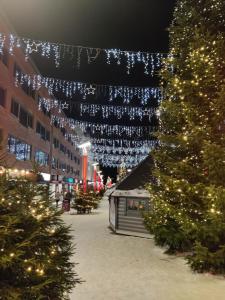 a group of christmas lights hanging over a street at Main Street magic apartment in Rovaniemi