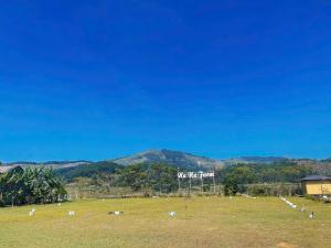 un gregge di pecore al pascolo in un campo con un cartello di NaNa Farm a Bak Kan