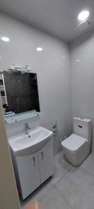a white bathroom with a sink and a toilet at Trialeti Sweet Home in Bakuriani