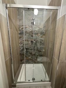 a shower with a stone wall in a bathroom at DOMUS Hotel in Caselle Torinese +43 photos