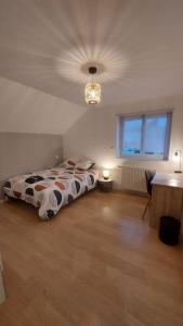 ein Schlafzimmer mit zwei Betten und einem Kronleuchter in der Unterkunft Maison La Belfort You proche TechnHom in Belfort