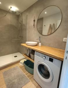 a bathroom with a washing machine and a mirror at Duplex de montagne 4 personnes in Uvernet +13 photos