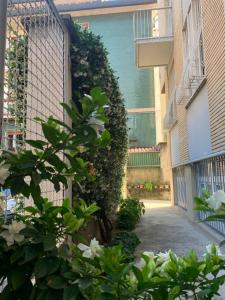 un callejón con flores blancas delante de un edificio en Home sweet home san siro, en Milán