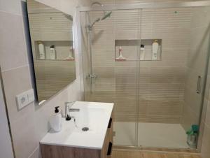 une salle de bain avec une douche, un lavabo et un miroir dans l'établissement Alojamiento Rural La Tahona Gorafe, à Gorafe