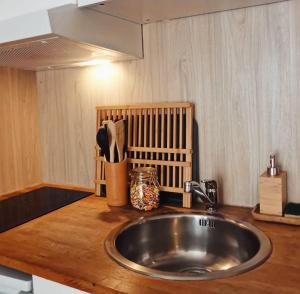 a kitchen counter with a sink and a knife holder at Manège de la Chapinière - DadaLoge tiny-house in Châteauvieux