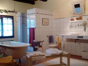 a bathroom with a tub and a toilet and a sink at Suite familiale au Prieuré avec accès parc et grandes chambres - FR-1-589-736 in Aydoilles +26 photos