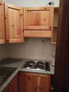 eine Küche mit Holzschränken und einem Herd mit Backofen in der Unterkunft Aleksander ski apartment in Breuil-Cervinia