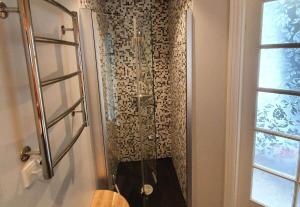 a shower with a glass door in a bathroom at Well Design apartment in Rønne in Rønne