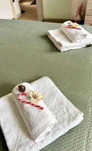 two towels with flowers on them on a bed at Casa Emma in Porto Ceresio +24 photos