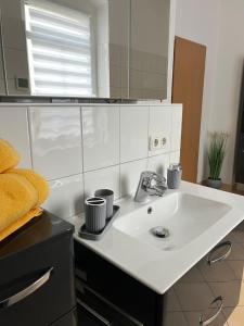 a bathroom with a white sink and a mirror at Apartment mit Balkon & Parkplatz in Meißen