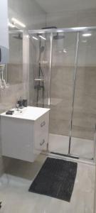 un bagno con doccia e lavandino bianco di Apartment T & P a Krapina