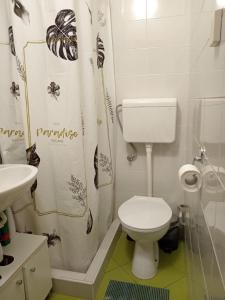 a bathroom with a toilet and a shower curtain at Room Antonia in Umag