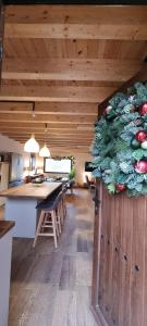 a kitchen with a christmas tree on a wooden door at Las Damas casa rural in Avila +76 photos