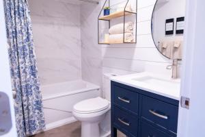 a bathroom with a toilet and a sink and a mirror at Harrison Lake Retreat, Studio Suite in Harrison Hot Springs
