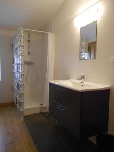 une salle de bain avec un lavabo et une douche dans l'établissement Auberge de l Helvie chez Coco & Ricou, à Valvignères