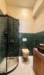 a green tiled bathroom with a toilet and a shower at Churchill Townhouse in Bodrum City