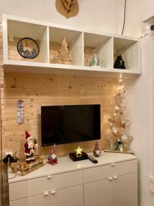 a living room with a flat screen tv on a wooden wall at Studio pieds des pistes - Cosy & Confort in Ustou