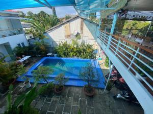 富国ღ Orchid Guesthouse ღ 5 minutes to the Beach & Night Market ღ的游泳池的顶部景观,盆栽植物