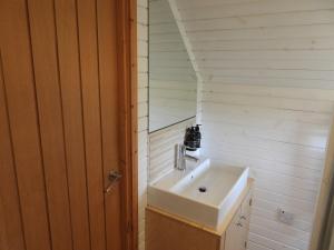 bagno con lavandino e porta in legno di Hebridean Huts a Isle of Lewis