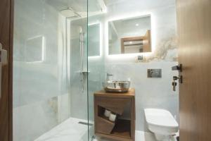 a bathroom with a shower and a toilet and a sink at KH APPARTEMENT appart1 in Essaouira