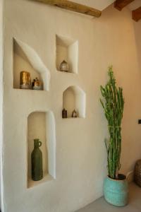 a wall with three shelves with a vase and a plant at Churchill Townhouse in Bodrum City