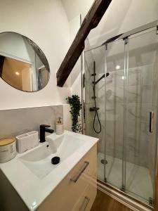 a bathroom with a sink and a glass shower at Le Petit Jardin, proche gare, hyper centre in Cambrai