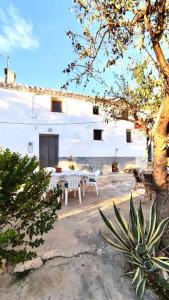 a patio with a table and chairs in front of a building at Casas de Vela in Vélez Blanco