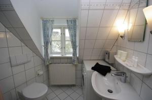 a bathroom with a sink and a toilet and a window at Faskers Hüs Whg 02 in Oldsum +3 photos