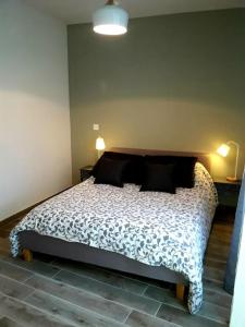 een slaapkamer met een groot bed met 2 lampen erop bij Aillan Hervé villa avec piscine privée chauffée in Mirabel-aux-Baronnies