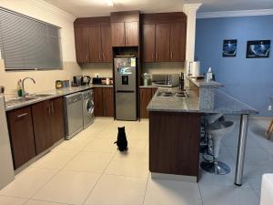a black cat sitting on the floor in a kitchen at Stadium Apartment in Cape Town