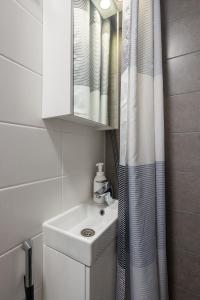 a bathroom with a sink and a shower curtain at Bright 1BR apartment in Kallio with best location in Helsinki