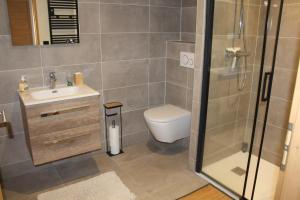 サモエンヌにあるAppartement de standing Chalet Bostanのシャワー、トイレ、洗面台を備えたバスルーム