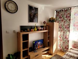a living room with a tv and a clock on the wall at Apartman "CHARLIZE" with PRIVATЕ PARKING in Novi Sad