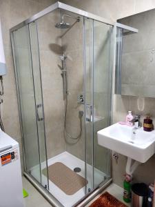 a shower with a glass door next to a sink at Apartman "CHARLIZE" with PRIVATЕ PARKING in Novi Sad +17 photos