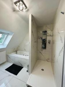a white bathroom with a shower and a tub at Maison néo-bretonne in Plouzané