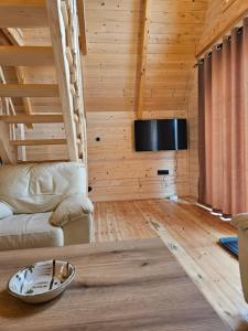 a living room with a couch and a flat screen tv at Wilderness Cabin in Kolašin