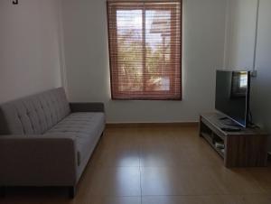 a living room with a couch and a tv at Villa Coco in Trou aux Biches