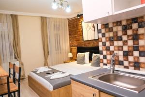 ein Zimmer mit einem Bett mit Waschbecken und einer Küche in der Unterkunft Taksim Nikea Suites 80 in Istanbul + 68 Fotos