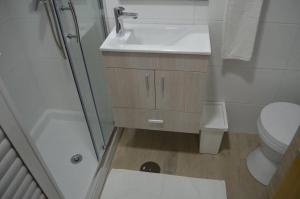a bathroom with a sink and a shower and a toilet at Apart FL in Mirandela