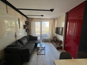 a living room with a couch and a table at The Mirror Apartment in Sofia +23 photos