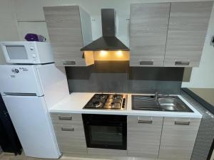 a kitchen with a white refrigerator and a stove at Le relax de panne in De Panne