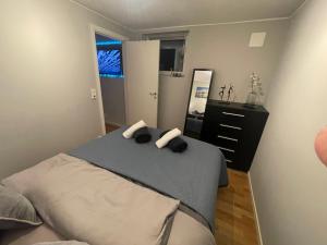 a bedroom with a bed and a dresser and a mirror at Bingo apartaments in Hønefoss +38 photos